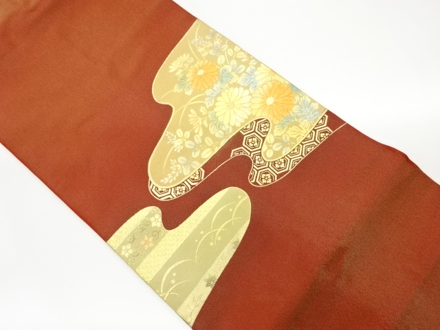 リサイクル　箔置き金通しヱ霞に秋草・古典柄模様名古屋帯